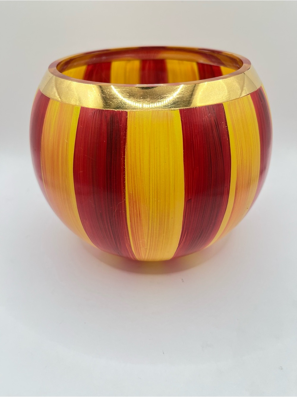 MacKenzie-Childs Red and Yellow Striped Glass Globe/Bowl with Gold Rim